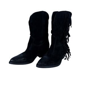 Q2 Cowgirl Boots EU 38 Black Suede Leather Fringe Western Pull On Pointed Toe